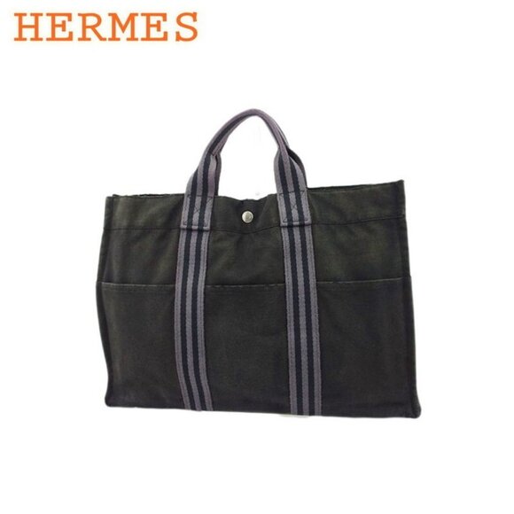 HERMES Tote Bag Fool Toe Gray Gray Cotton Canvas Authentic Used - Picture 1 of 6
